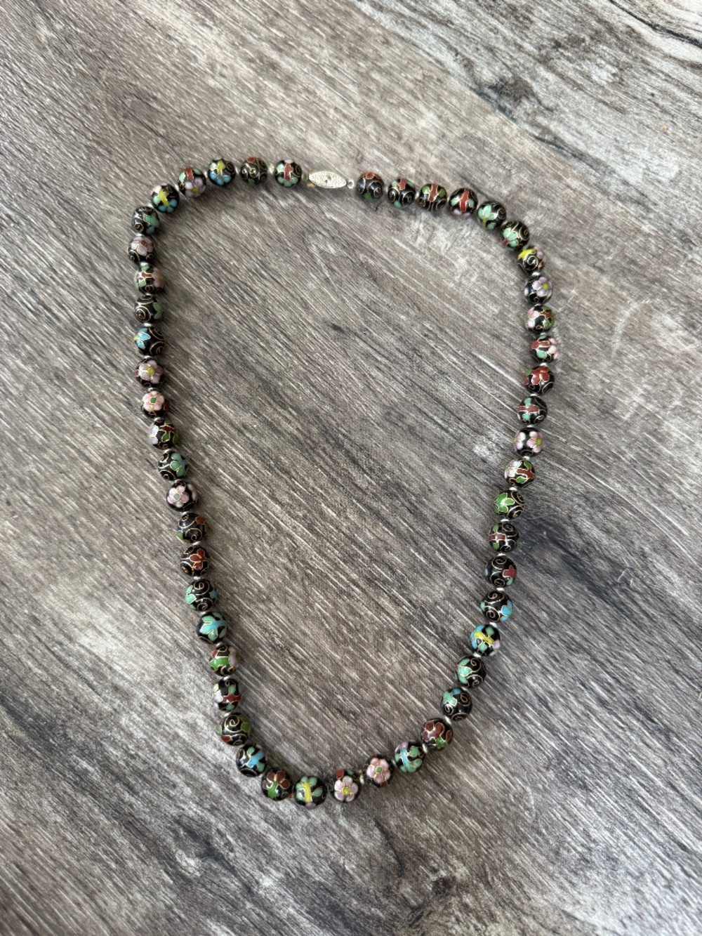 Vintage Chinese Export Cloisonné Necklace, Hand-Knotted Floral Enamel Beads